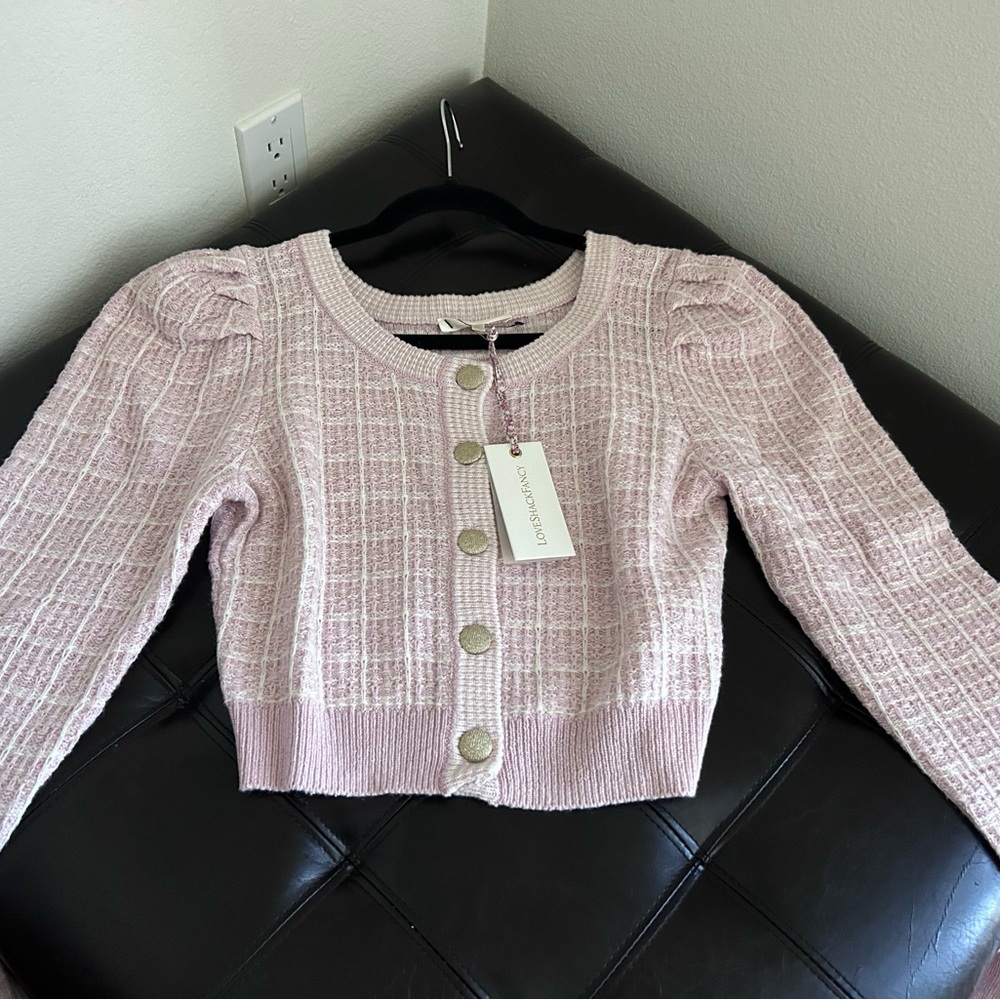 W/ Tags LoveShackFancy Daughter Checked Cropped Cardigan Sweater in Pink Winds M - Picture 15 of 17
